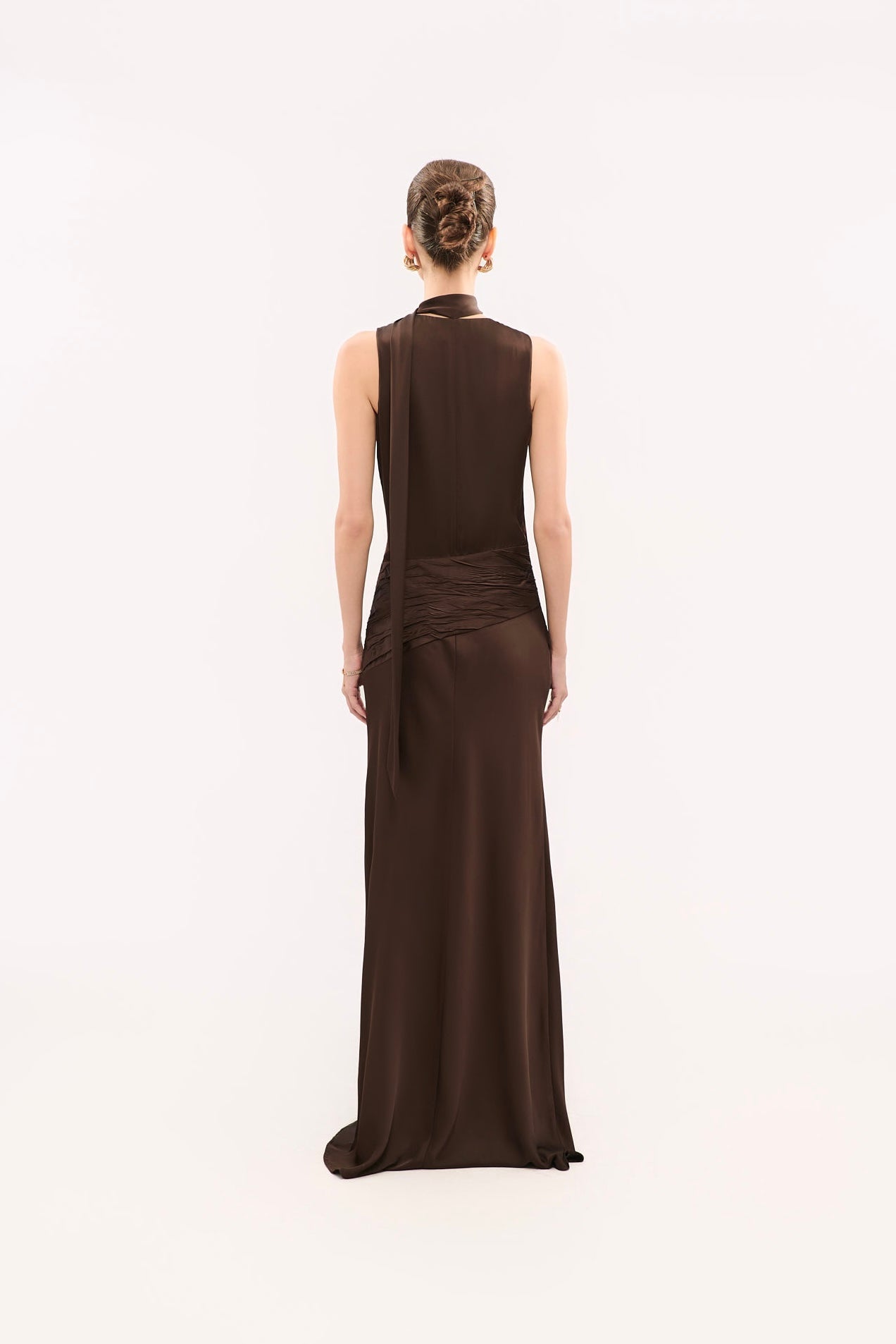ALMA NECK-TIE SATIN GOWN - DARK BROWN