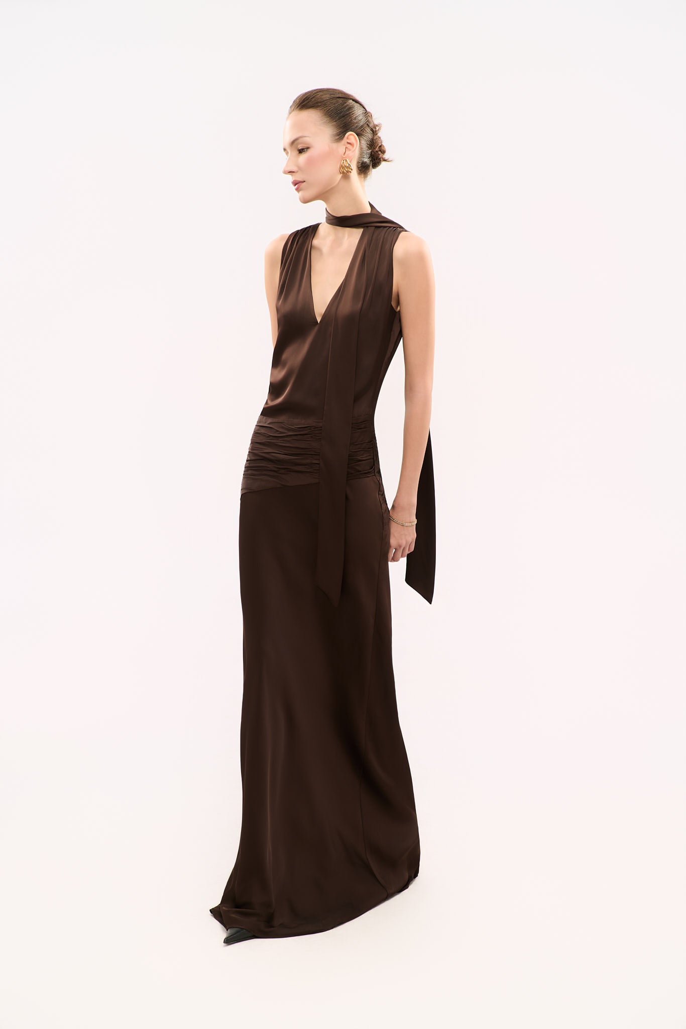 ALMA NECK-TIE SATIN GOWN - DARK BROWN