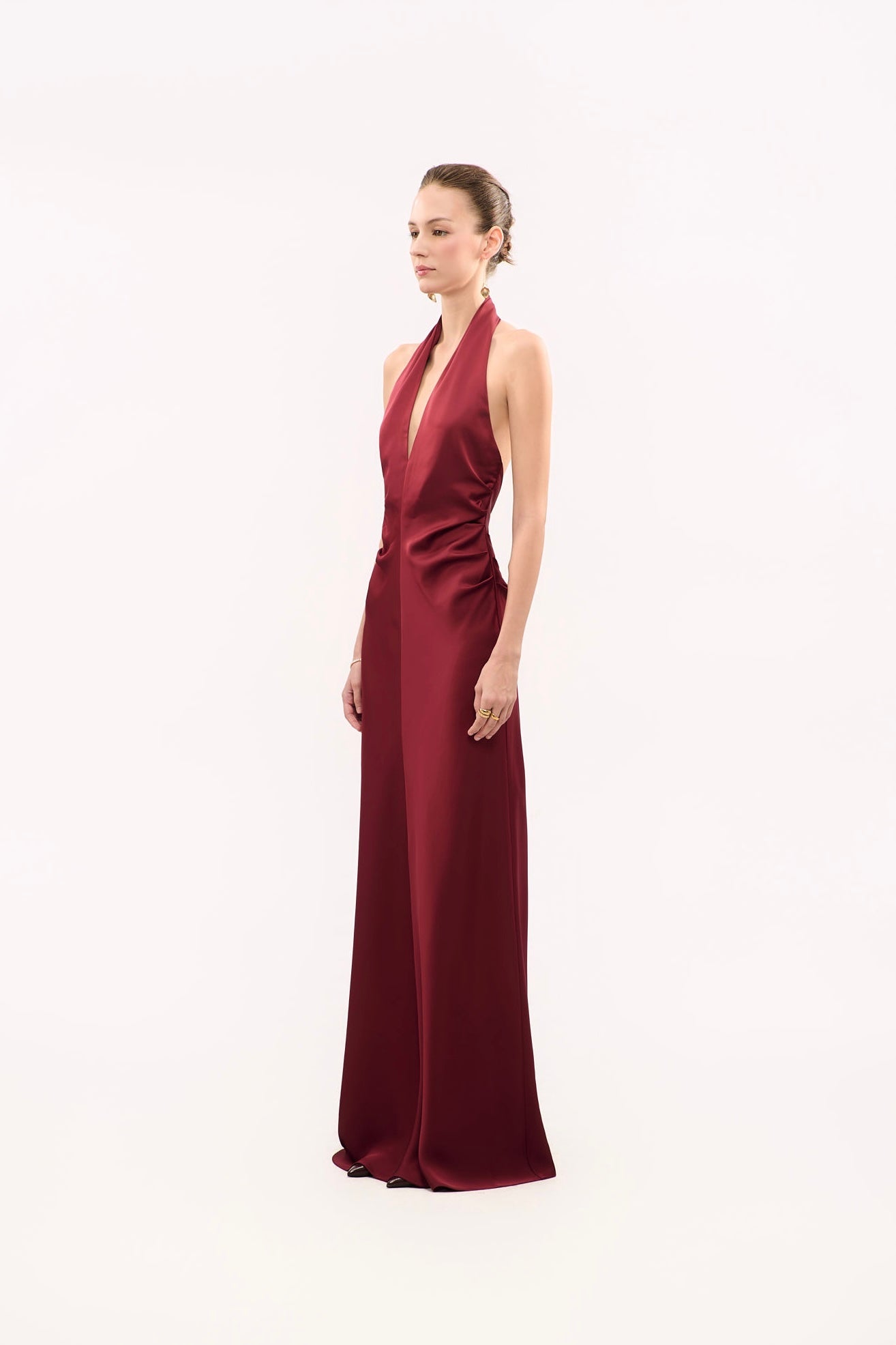 MARGARET V-NECK SATIN GOWN - RED BERRY