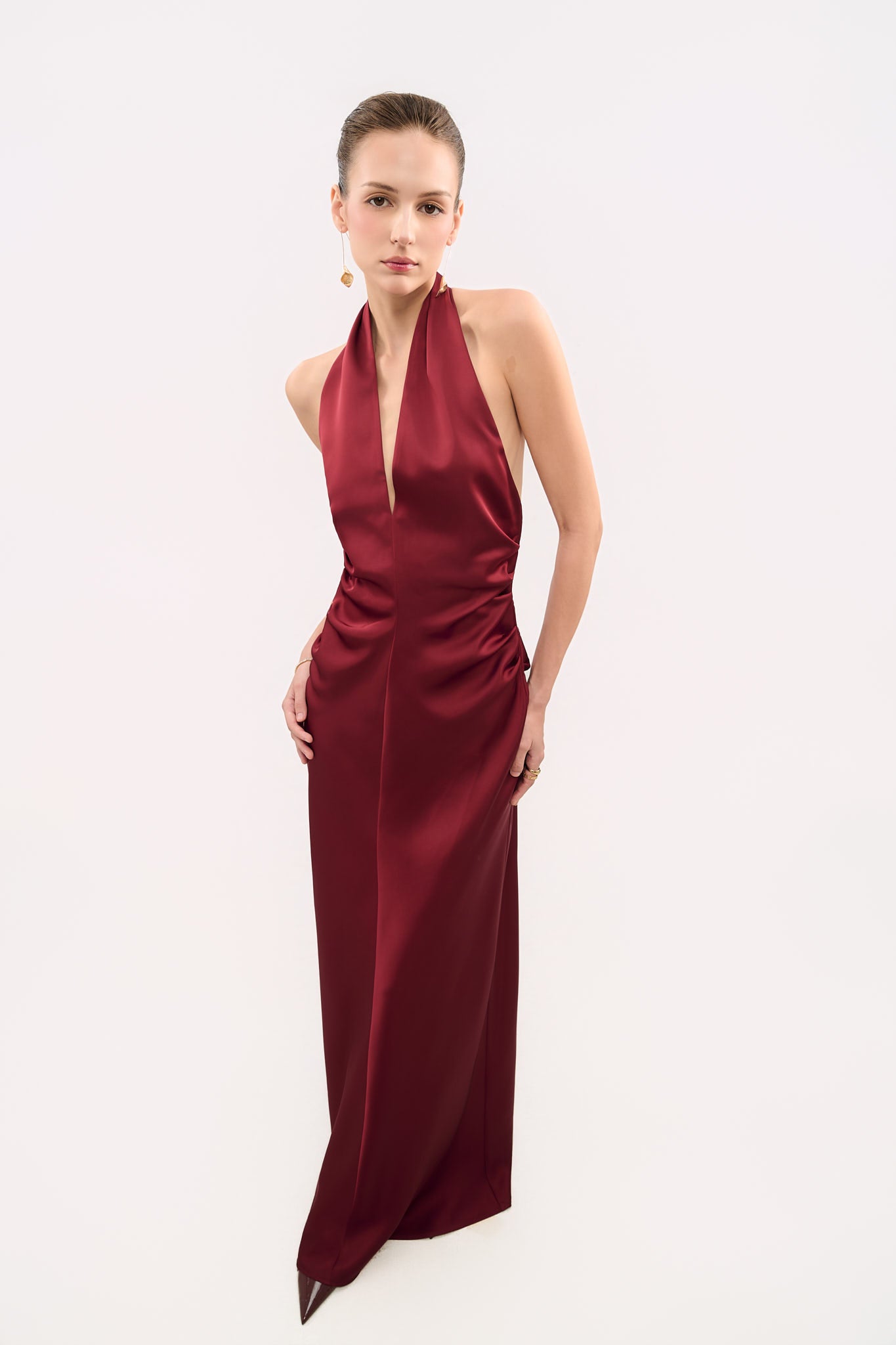 MARGARET V-NECK SATIN GOWN - RED BERRY