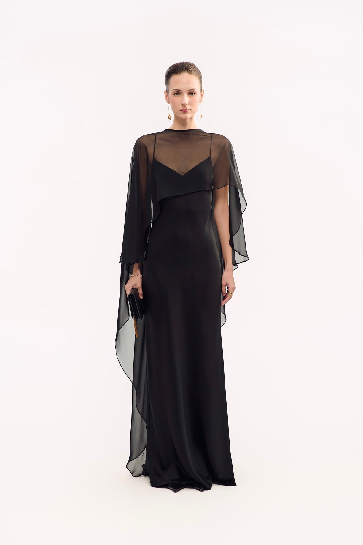 EVELYN CLASSIC SATIN GOWN (WITH SCARF) - BLACK