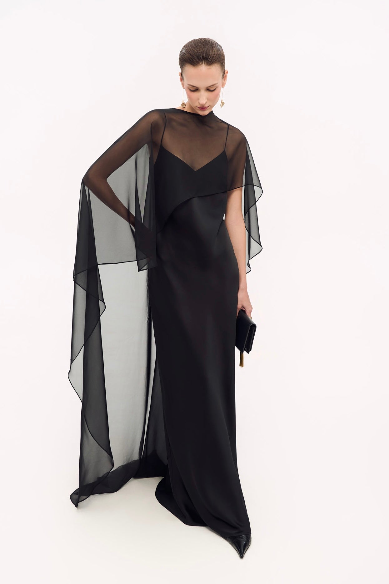 EVELYN CLASSIC SATIN GOWN (WITH SCARF) - BLACK