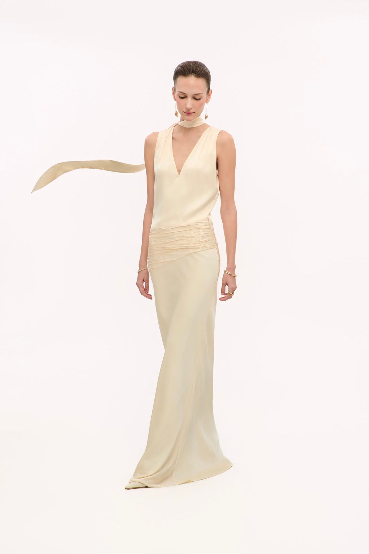 ALMA NECK-TIE SATIN GOWN - VANILLA