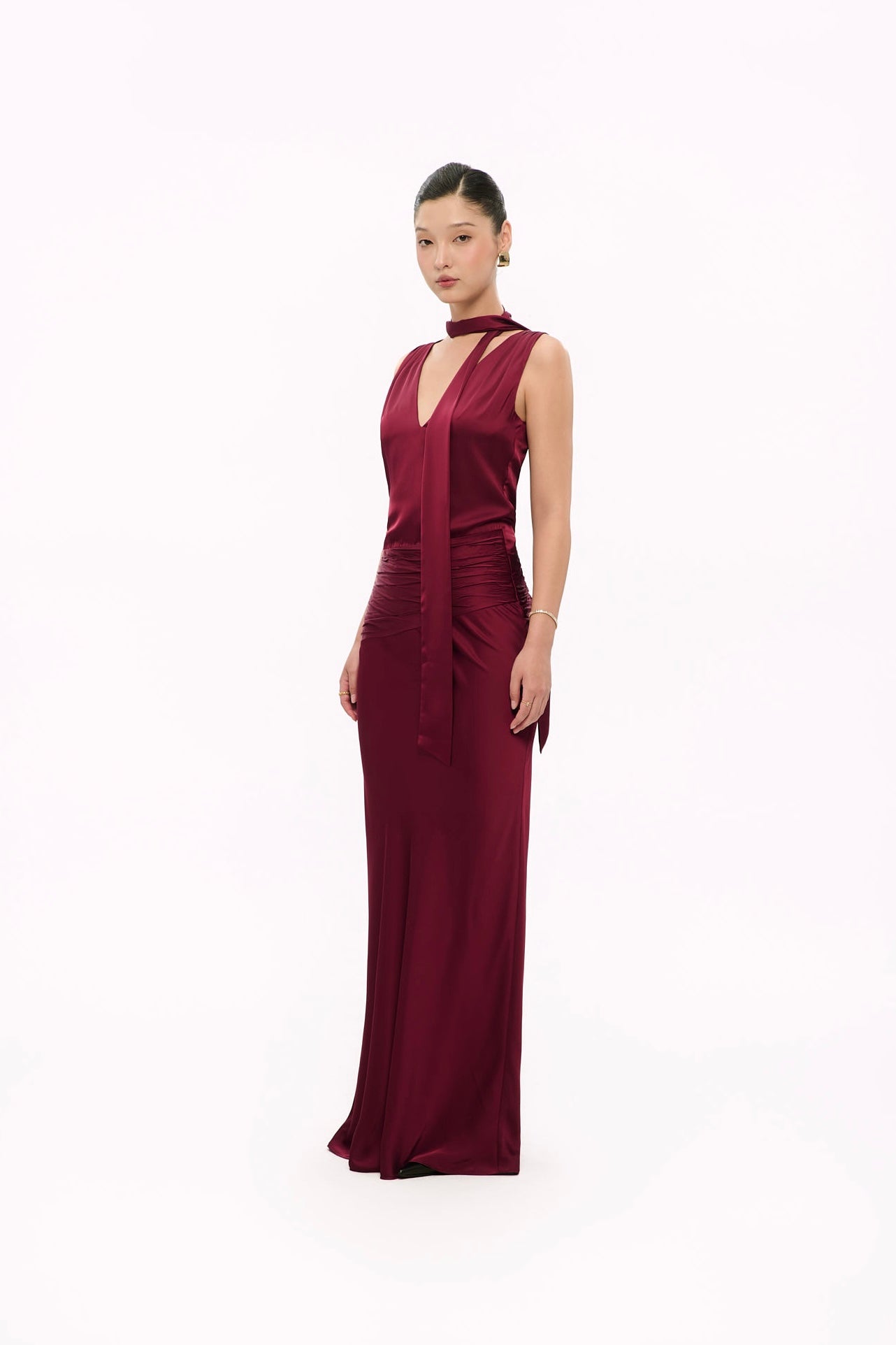 ALMA NECK-TIE SATIN GOWN - DARK RED