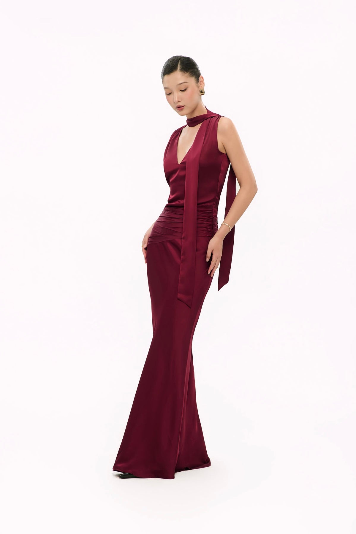 ALMA NECK-TIE SATIN GOWN - DARK RED