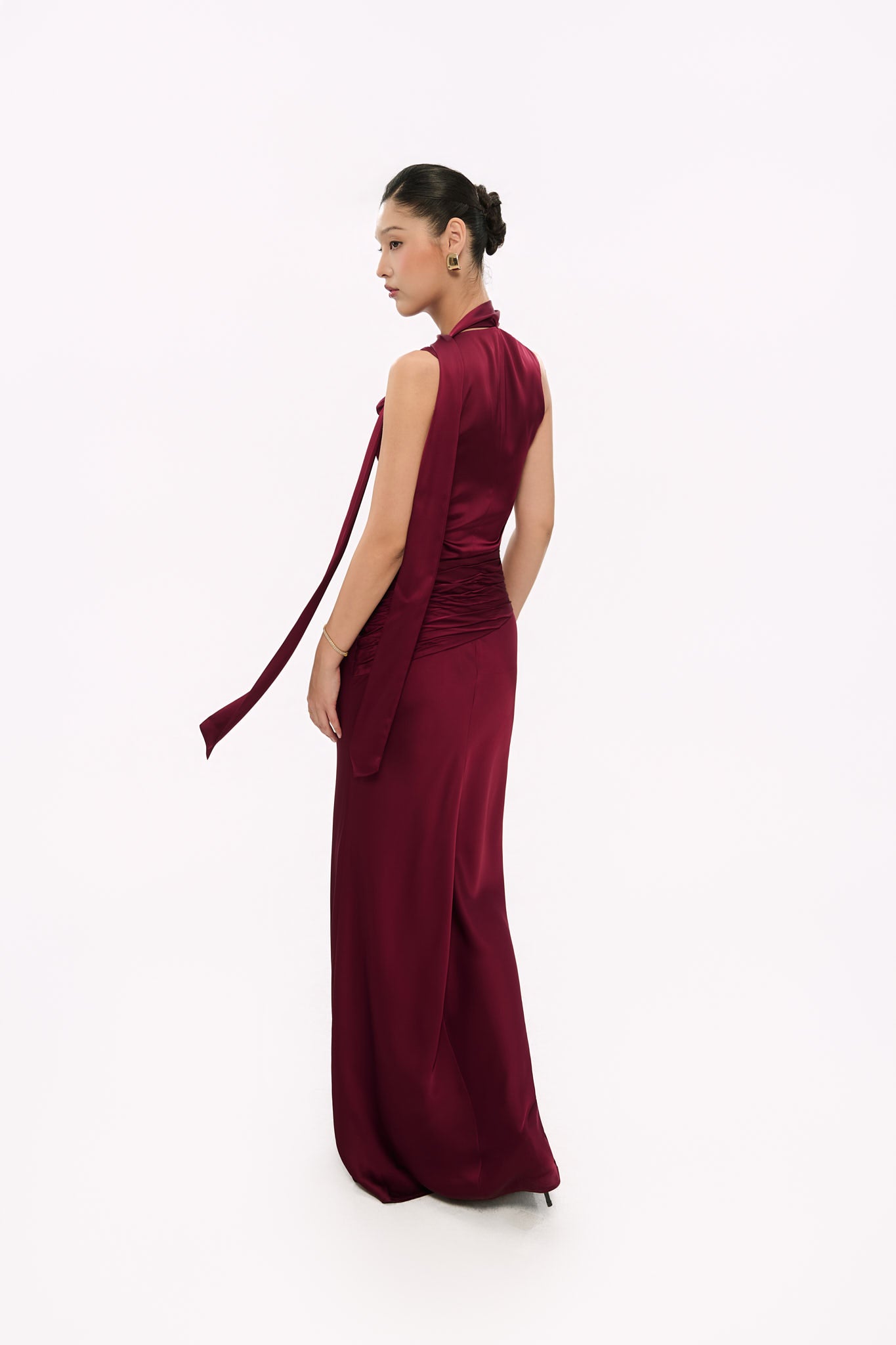 ALMA NECK-TIE SATIN GOWN - DARK RED