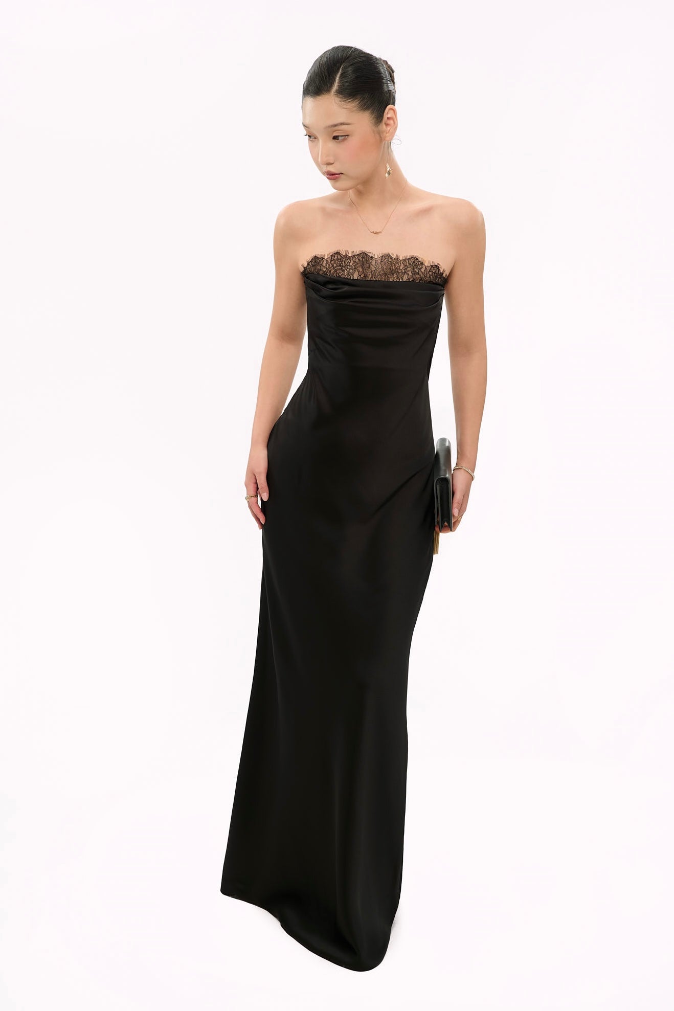 JULIE LACE STRAPLESS GOWN - BLACK