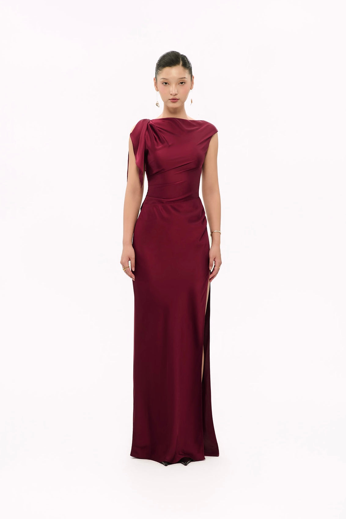 CECILIA SHOULDER-BOW SATIN GOWN - DARK RED