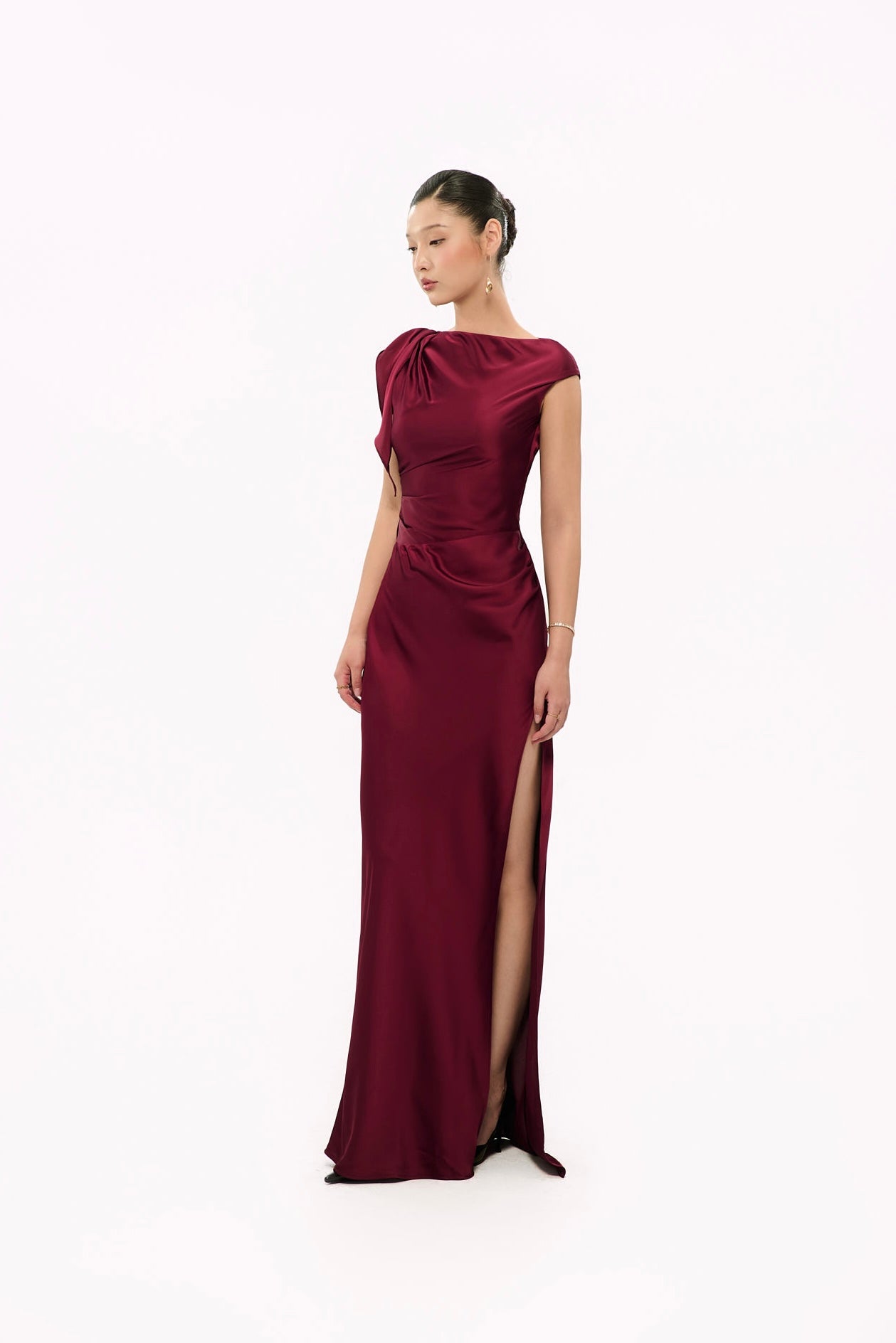 CECILIA SHOULDER-BOW SATIN GOWN - DARK RED