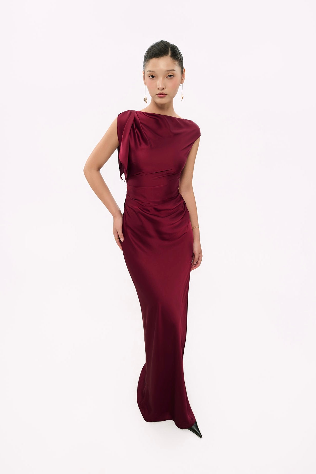 CECILIA SHOULDER-BOW SATIN GOWN - DARK RED