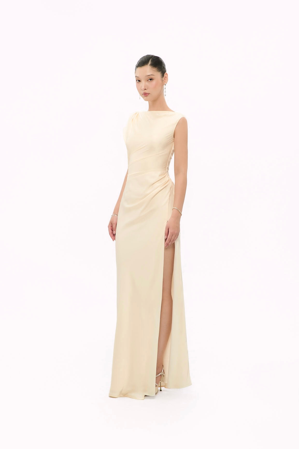 CECILIA SHOULDER-BOW SATIN GOWN - VANILLA