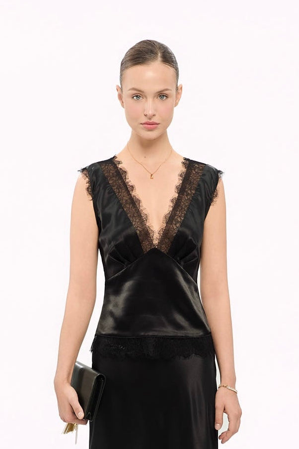 MAISIE LACE SATIN TOP - BLACK