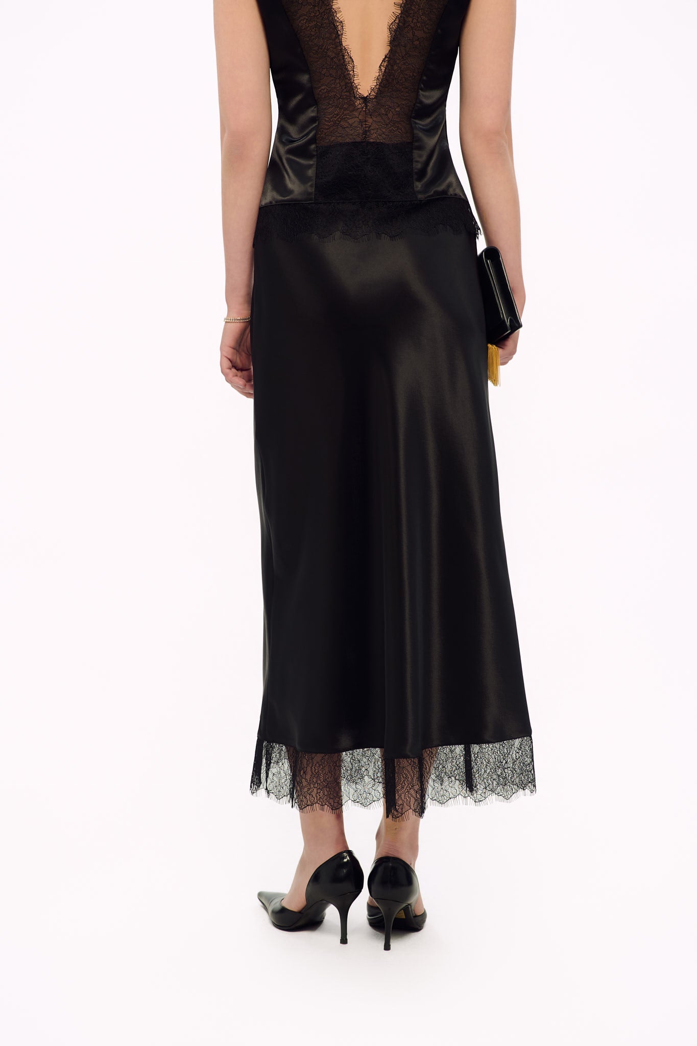 LACE SATIN MIDI SKIRT - BLACK