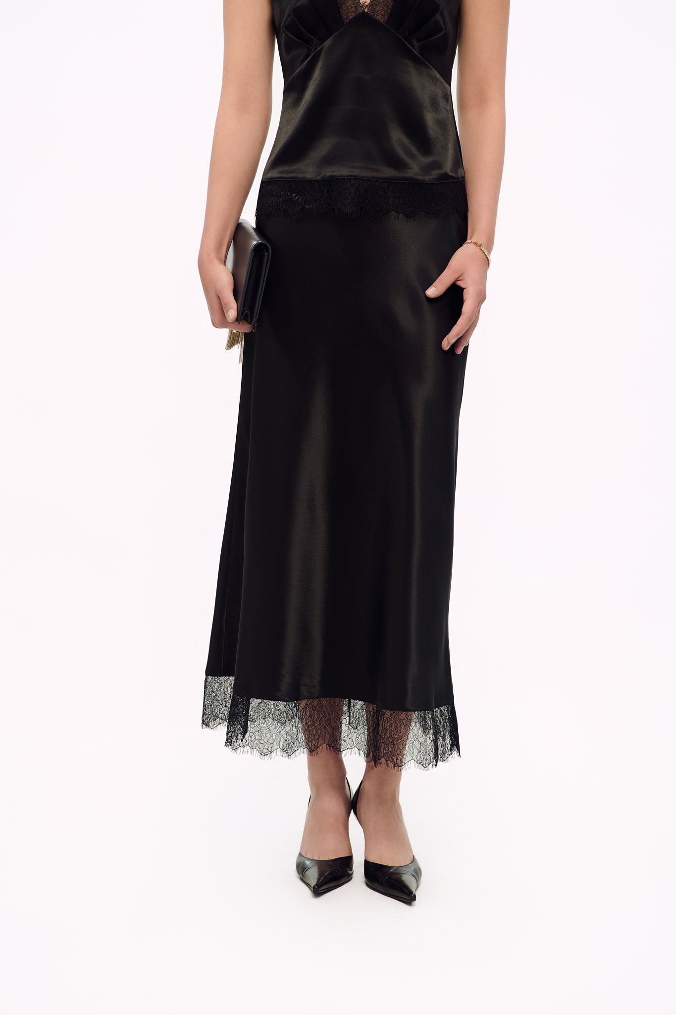 LACE SATIN MIDI SKIRT - BLACK