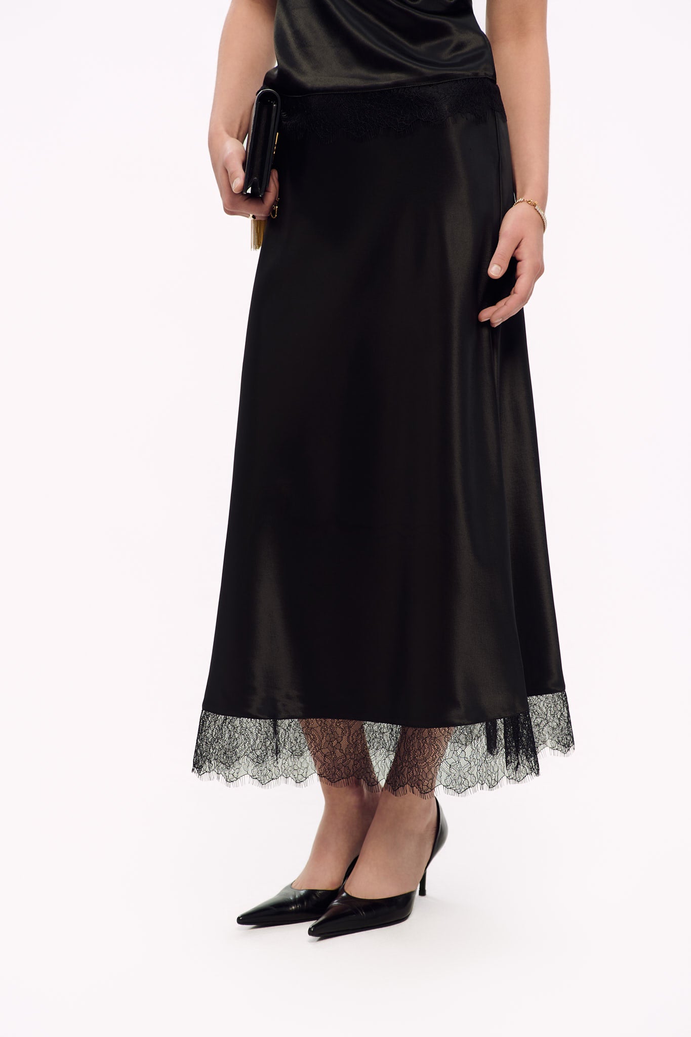 LACE SATIN MIDI SKIRT - BLACK