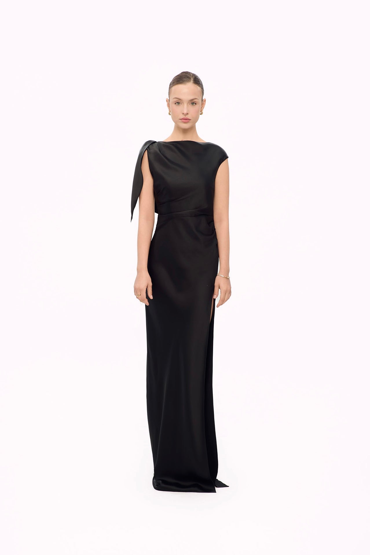 CECILIA SHOULDER-BOW SATIN GOWN - BLACK