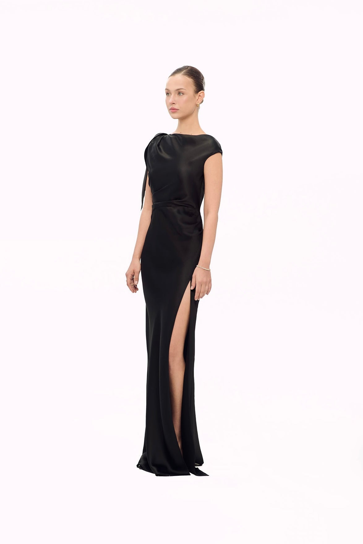 CECILIA SHOULDER-BOW SATIN GOWN - BLACK