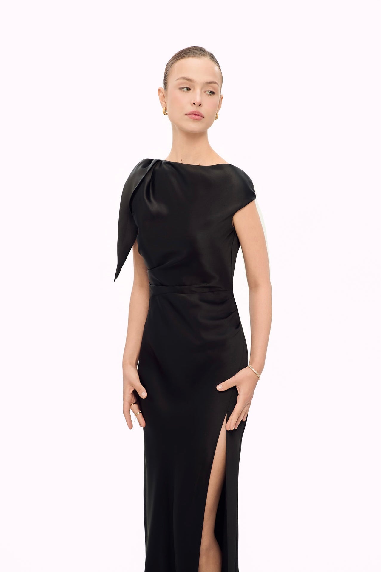 CECILIA SHOULDER-BOW SATIN GOWN - BLACK