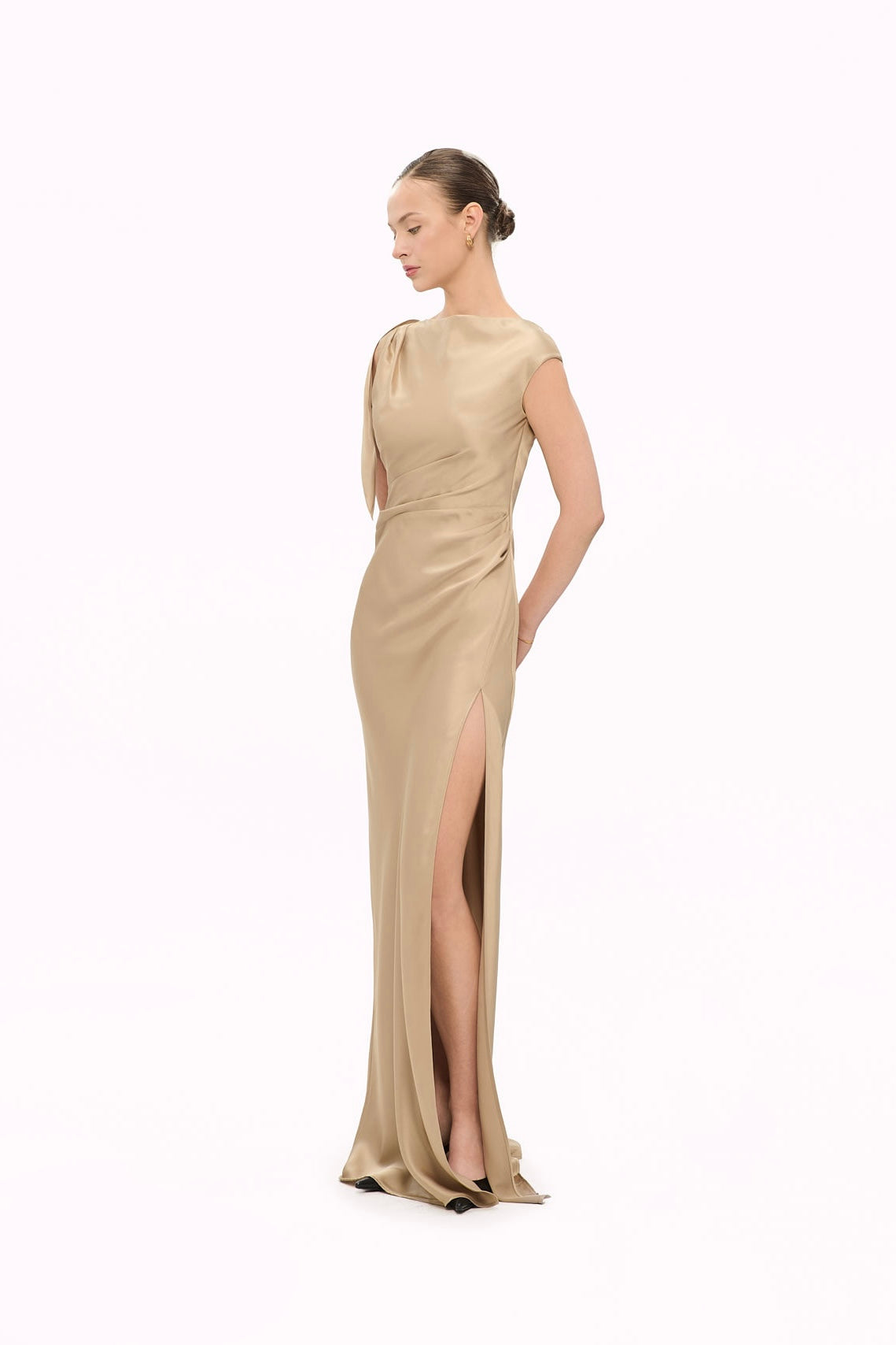 CECILIA SHOULDER-BOW SATIN GOWN - CHAMPAGNE