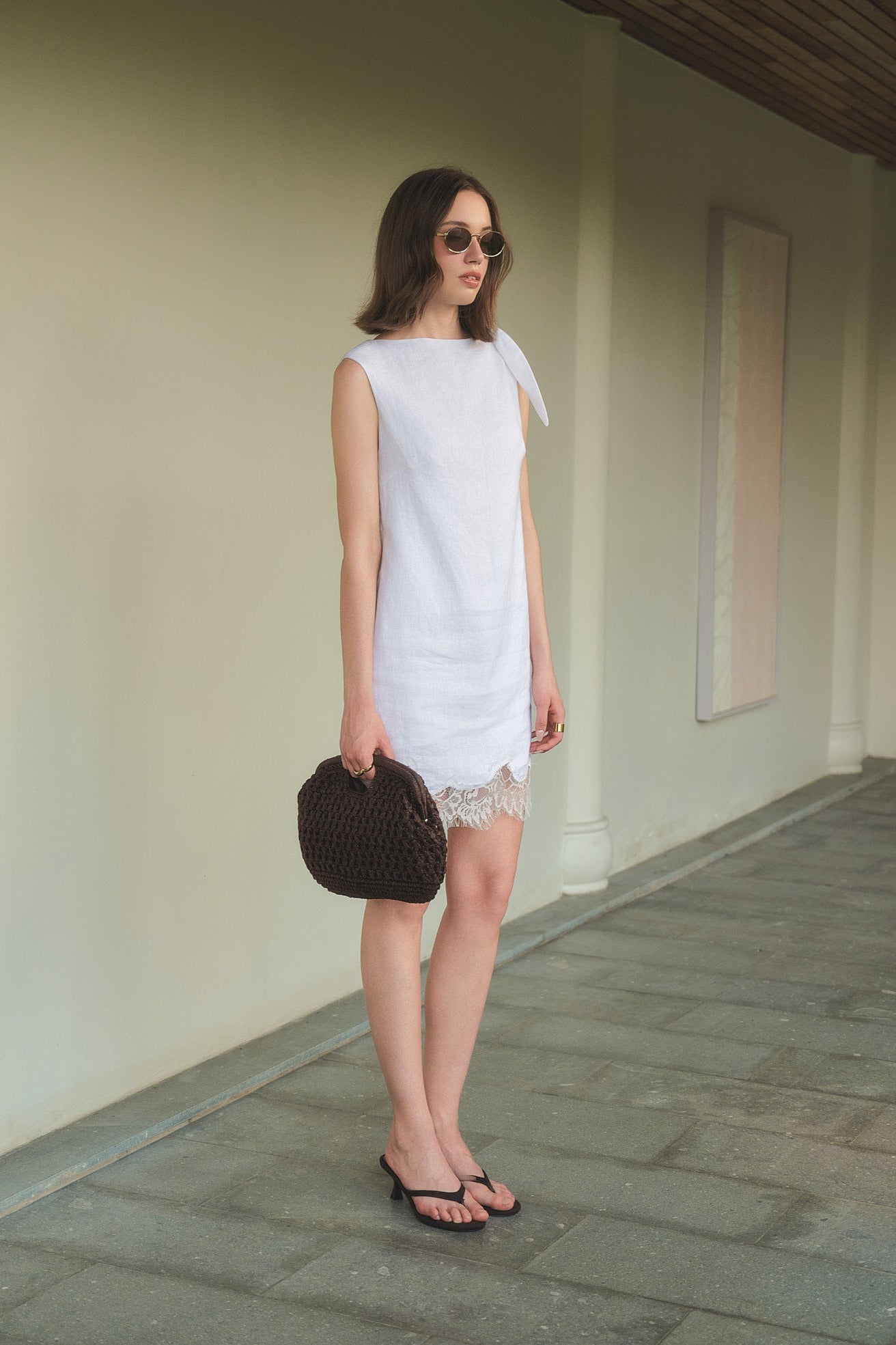 CECILIA LACE LINEN MINI DRESS - WHITE