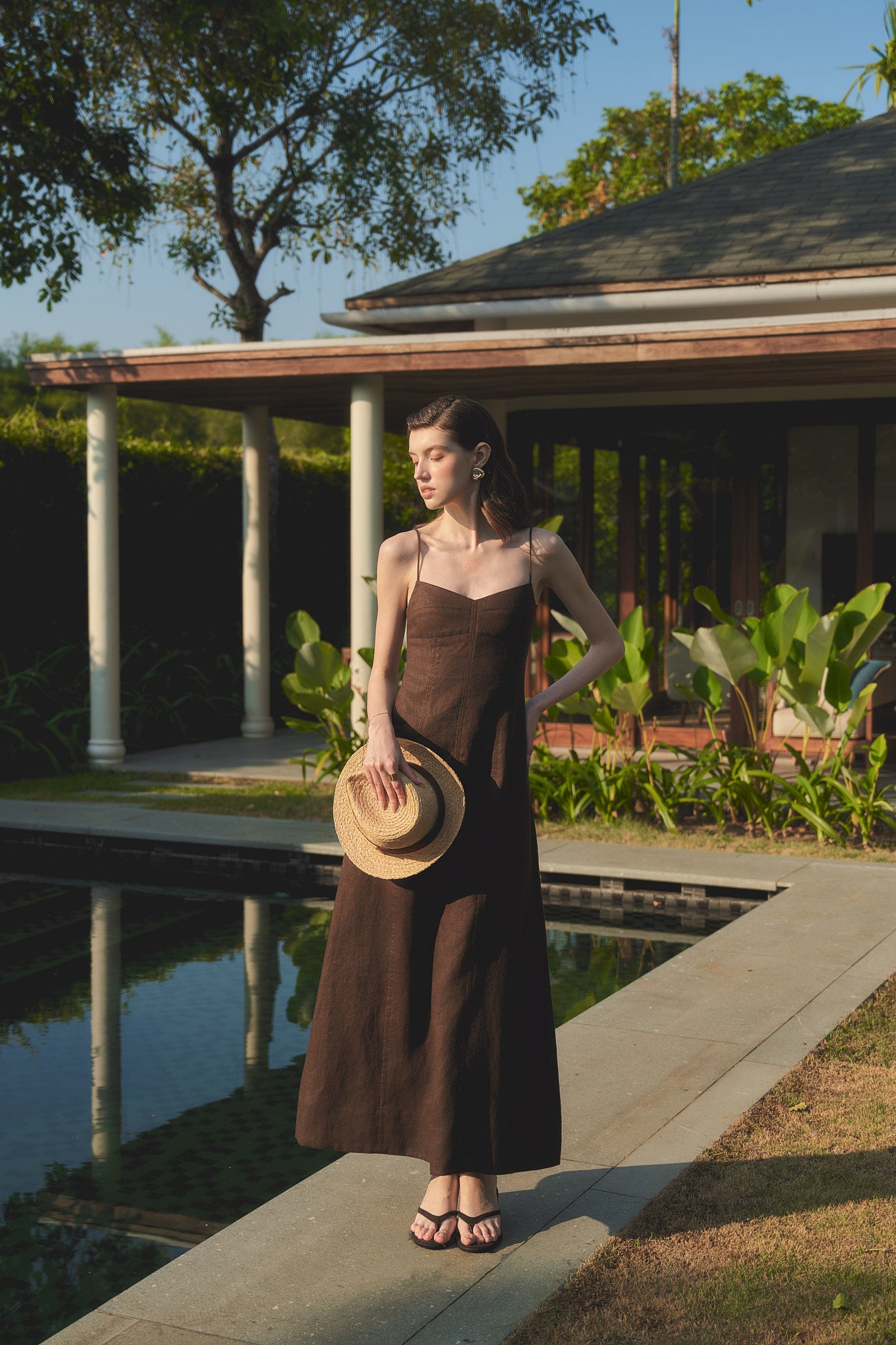 BELLE CAMI LINEN DRESS - DARK BROWN