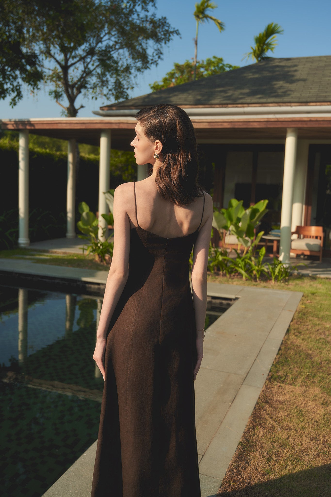BELLE CAMI LINEN DRESS - DARK BROWN