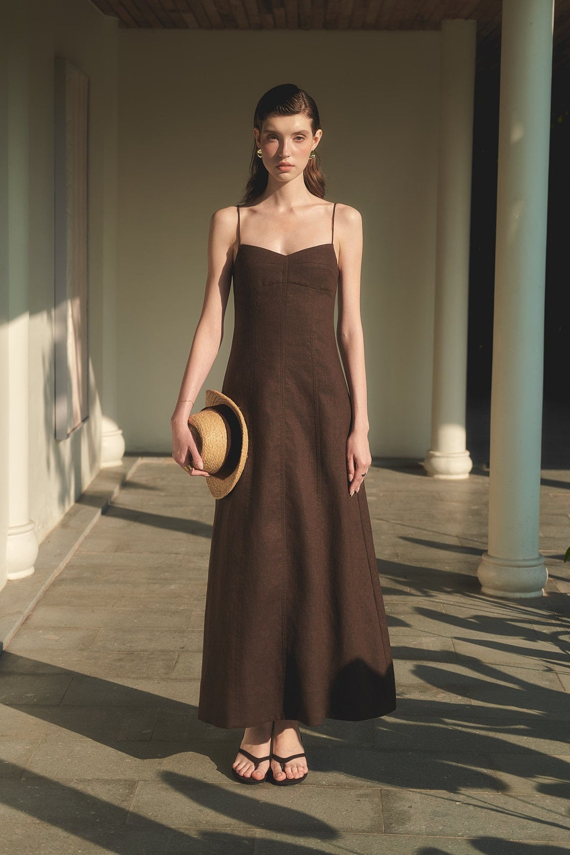 BELLE CAMI LINEN DRESS - DARK BROWN
