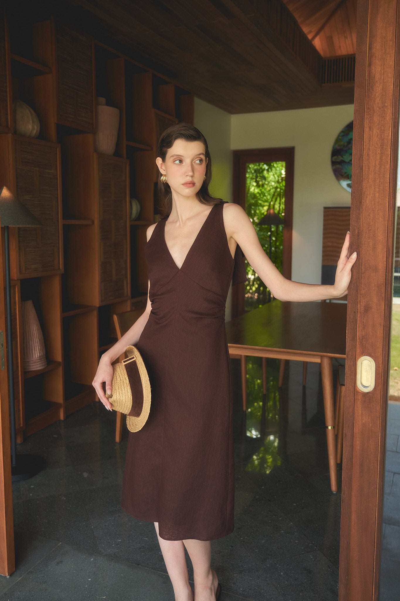 MARGOT LINEN MIDI DRESS - CHOCOLATE