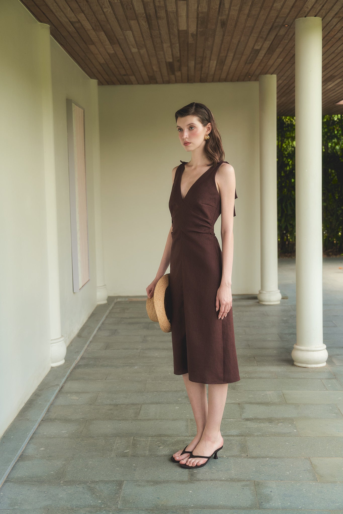 MARGOT LINEN MIDI DRESS - CHOCOLATE