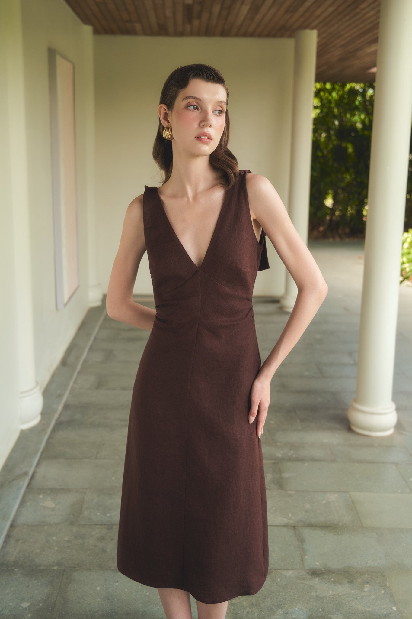 MARGOT LINEN MIDI DRESS - CHOCOLATE
