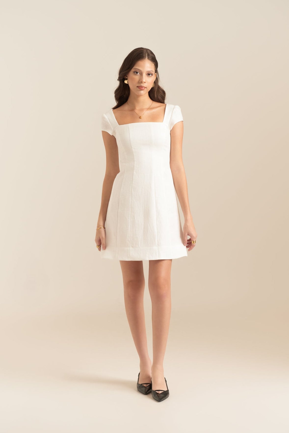 HONEY SQUARE-NECK LINEN DRESS - WHITE