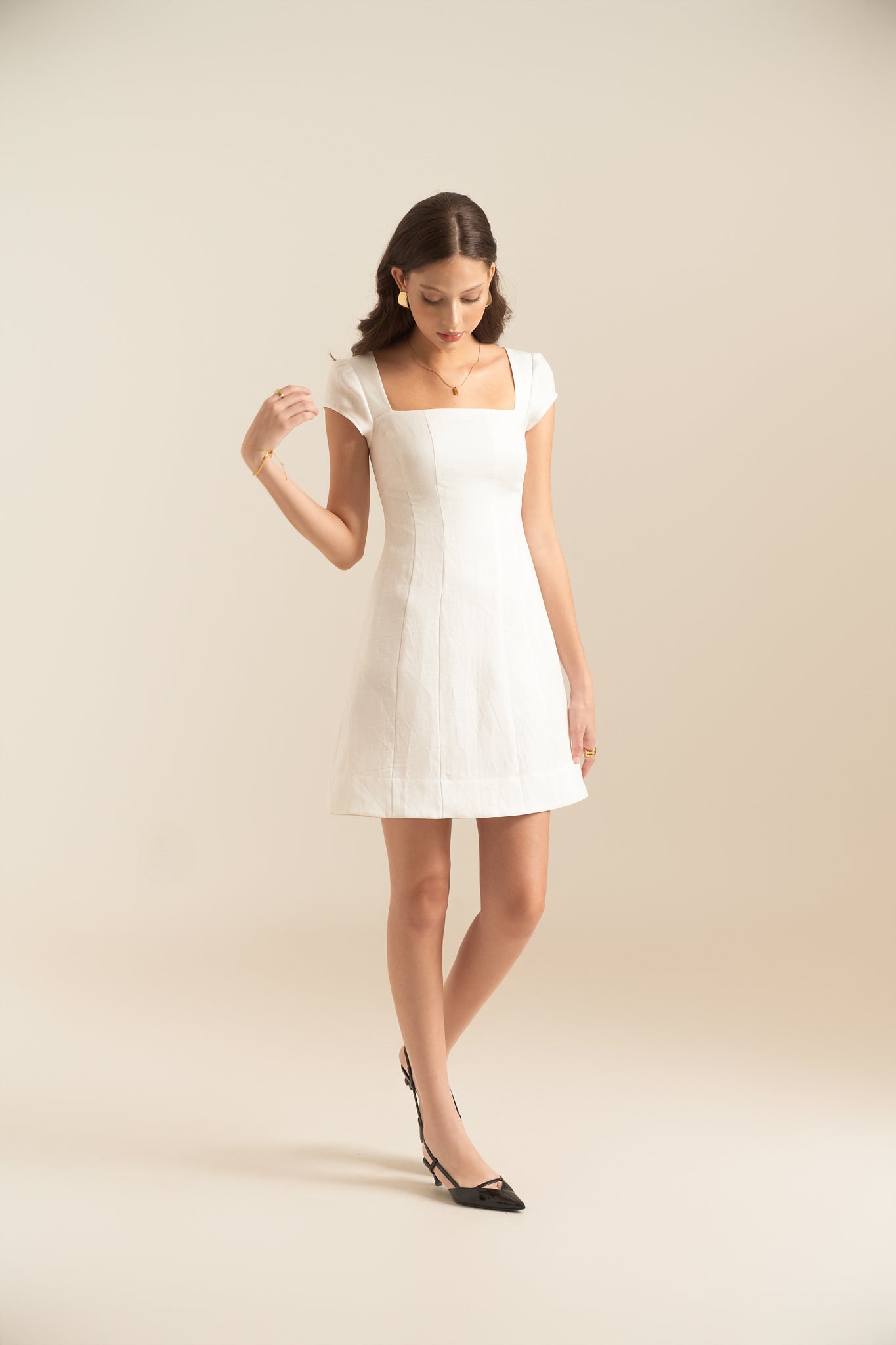 HONEY SQUARE-NECK LINEN DRESS - WHITE