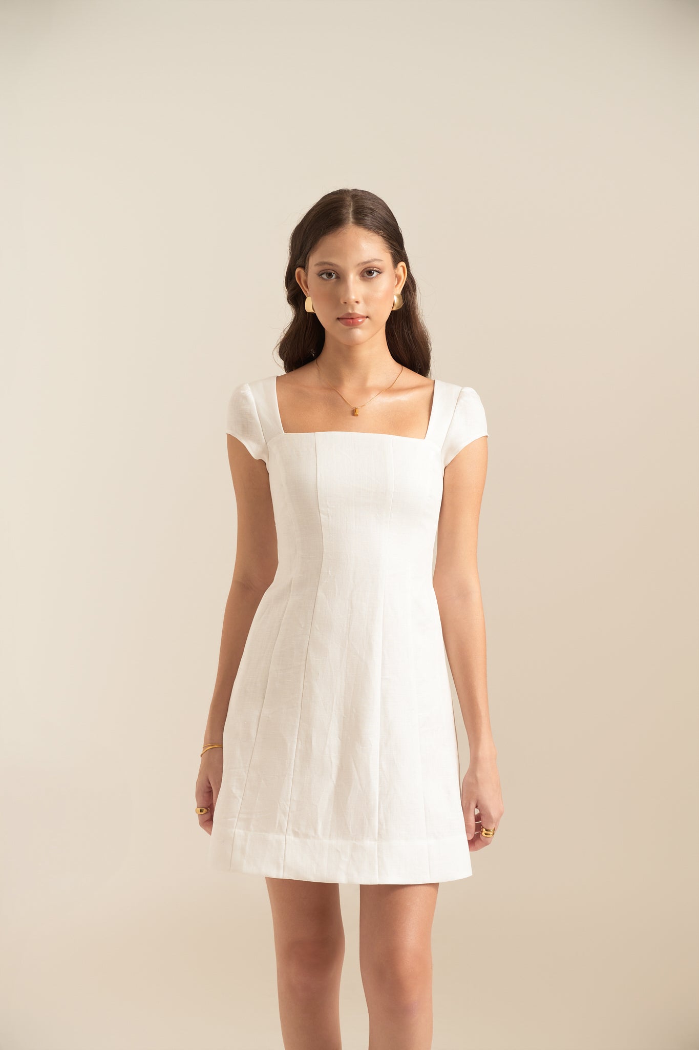 HONEY SQUARE-NECK LINEN DRESS - WHITE