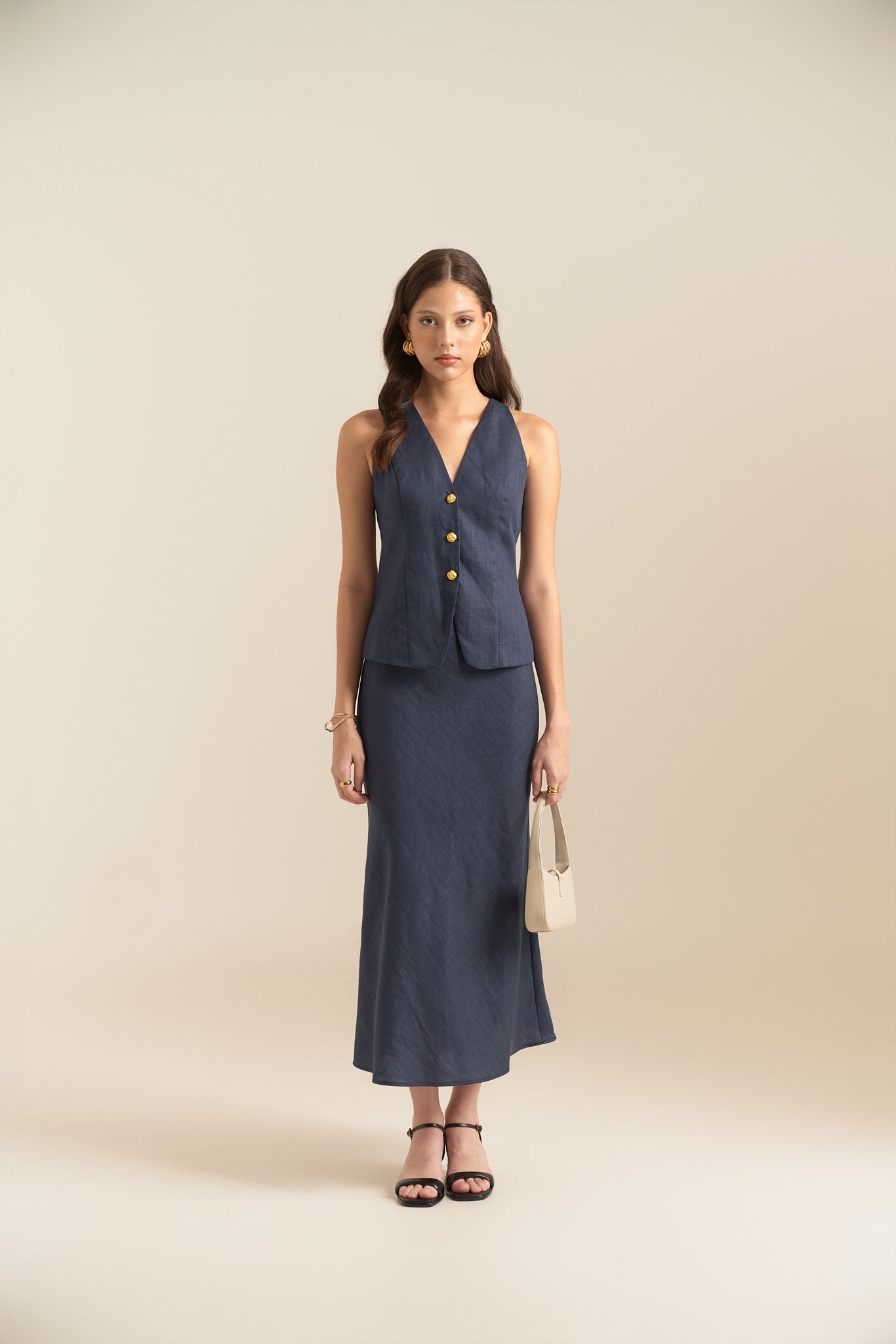 LINEN MIDI SKIRT - NAVY