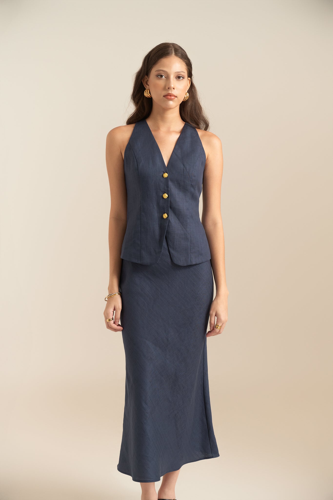 LINEN MIDI SKIRT - NAVY
