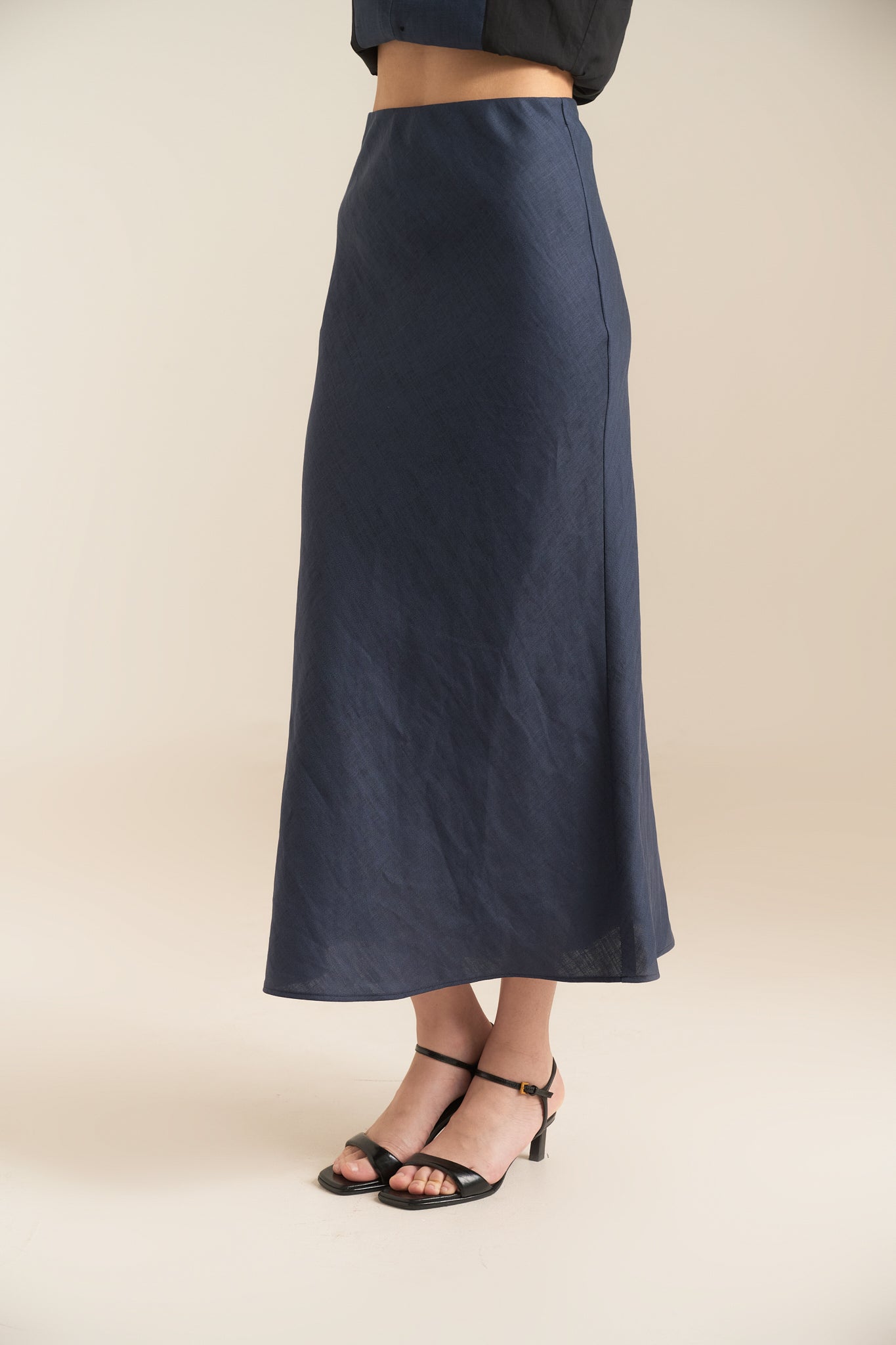 LINEN MIDI SKIRT - NAVY