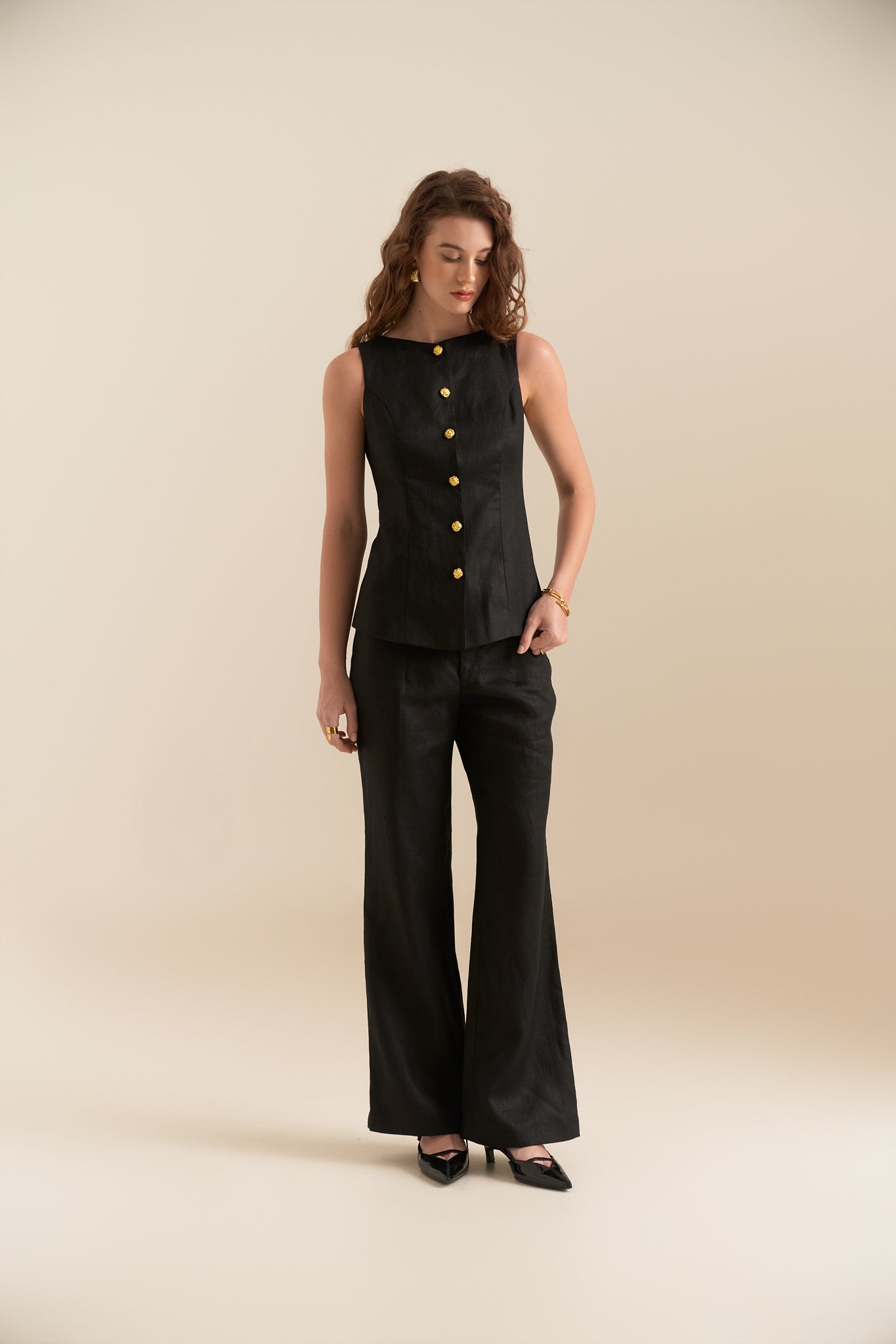 LINEN RELAXED TROUSERS - BLACK