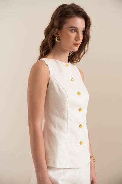 BOAT NECK LINEN VEST - WHITE