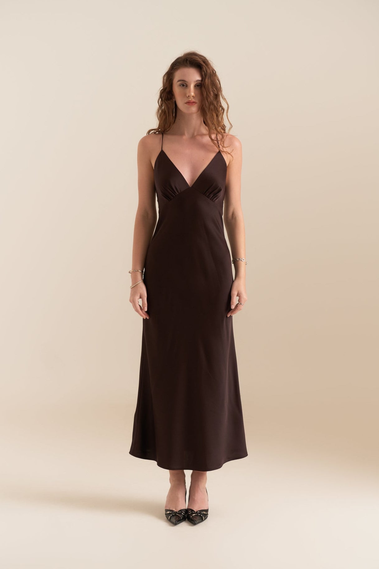 MAGGIE V-NECK MIDI DRESS - DARK BROWN