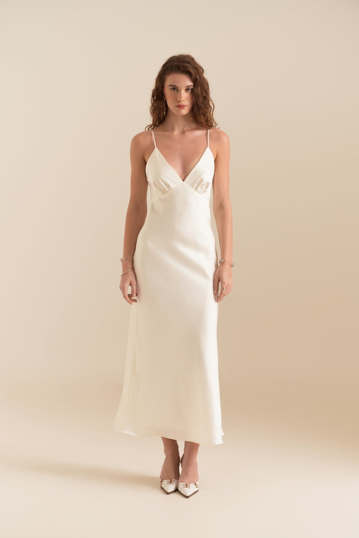 MAGGIE V-NECK MIDI DRESS - WHITE