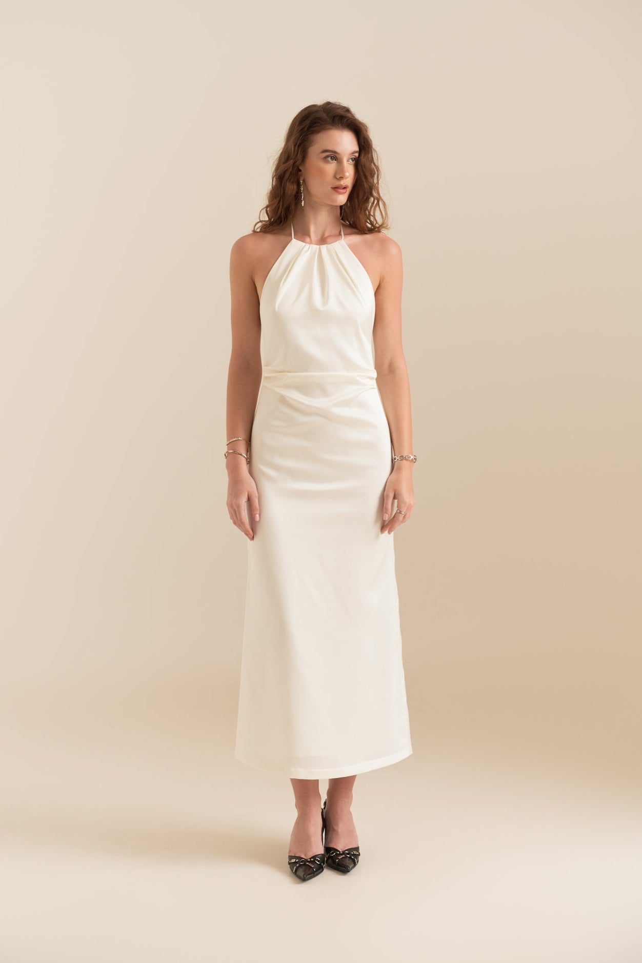 SANDRA SATIN MIDI DRESS - WHITE