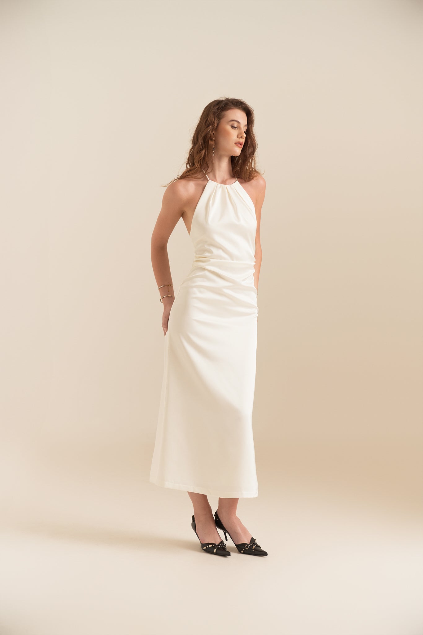 SANDRA SATIN MIDI DRESS - WHITE