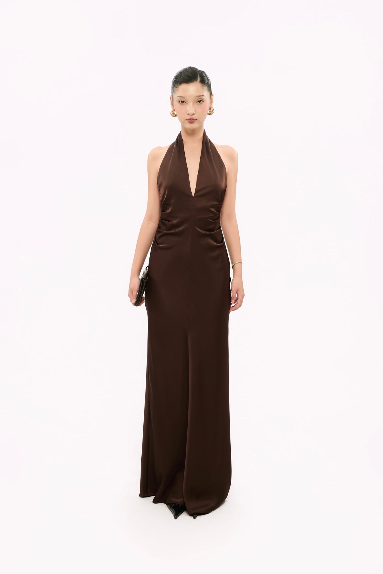 MARGARET V-NECK SATIN GOWN - BROWN