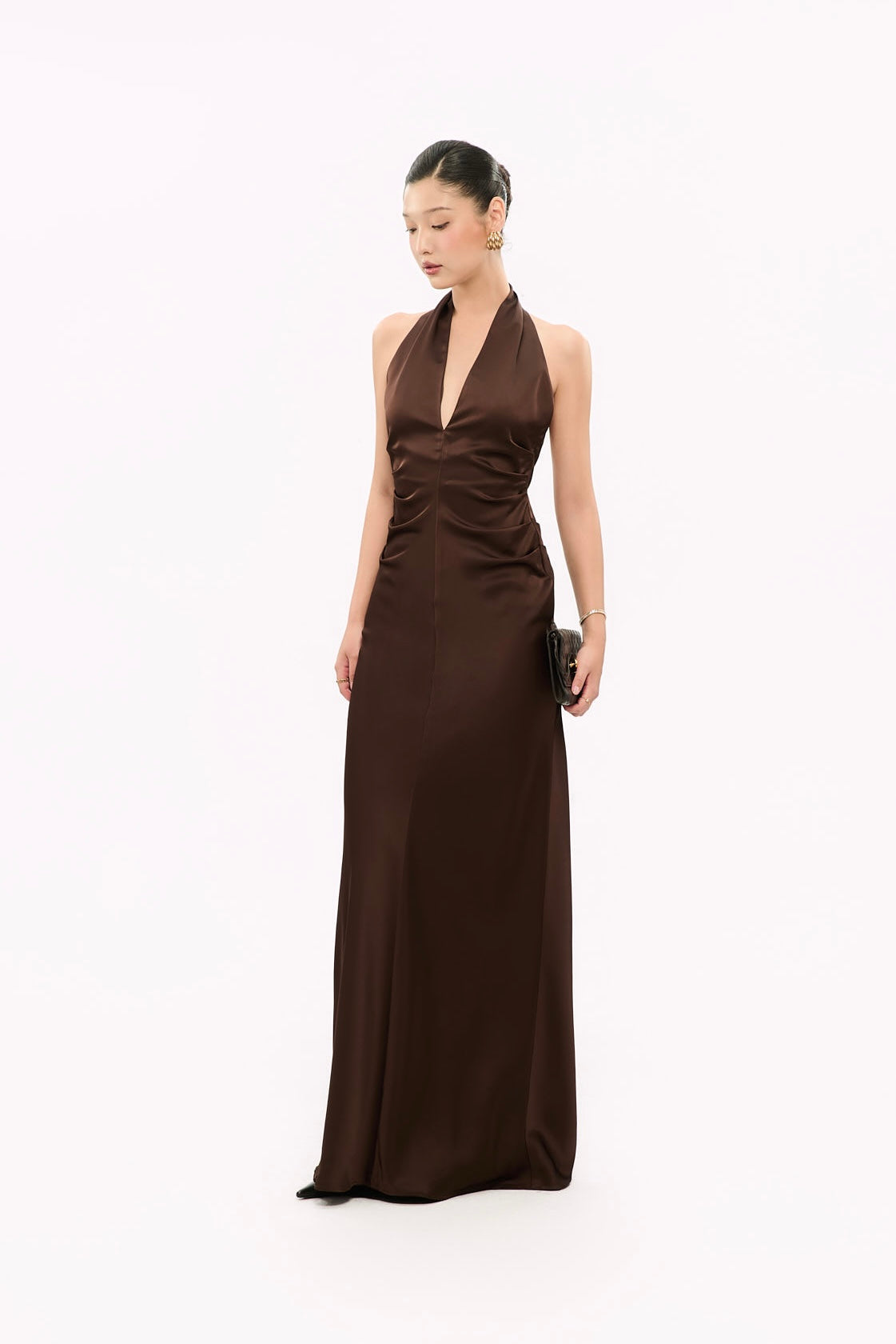 MARGARET V-NECK SATIN GOWN - BROWN