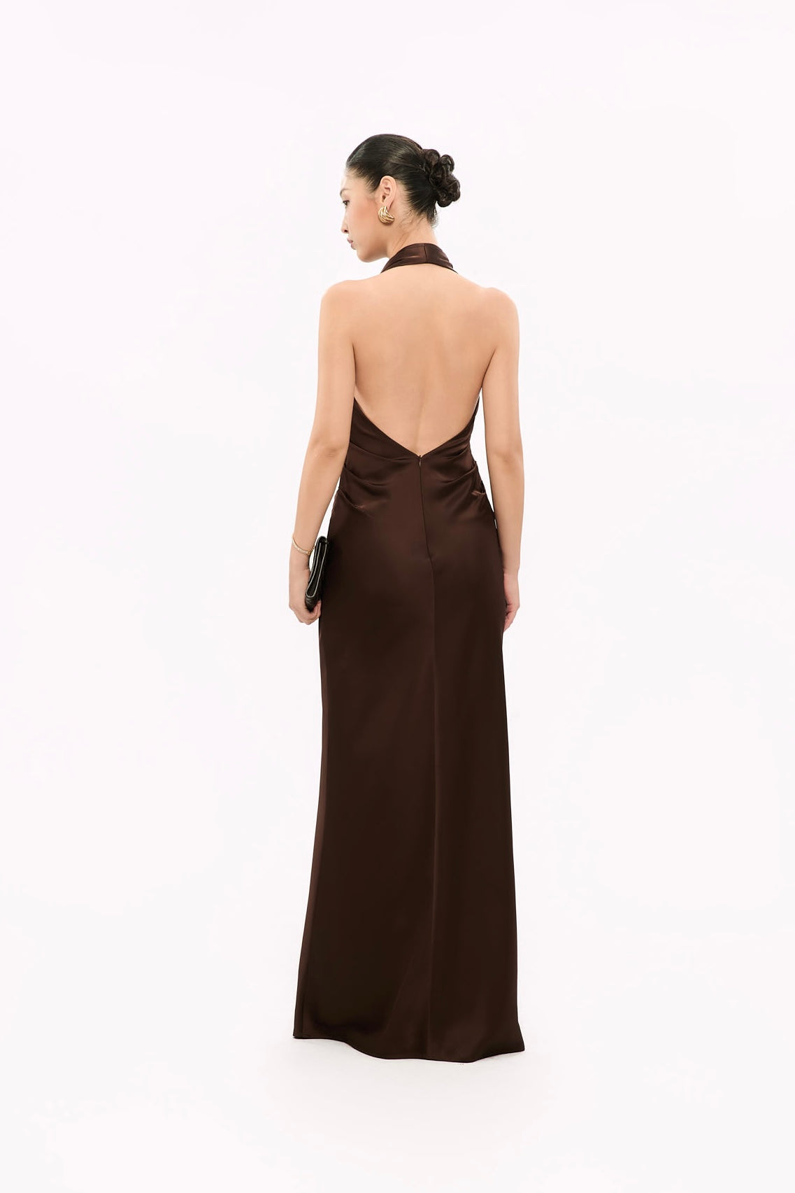 MARGARET V-NECK SATIN GOWN - BROWN