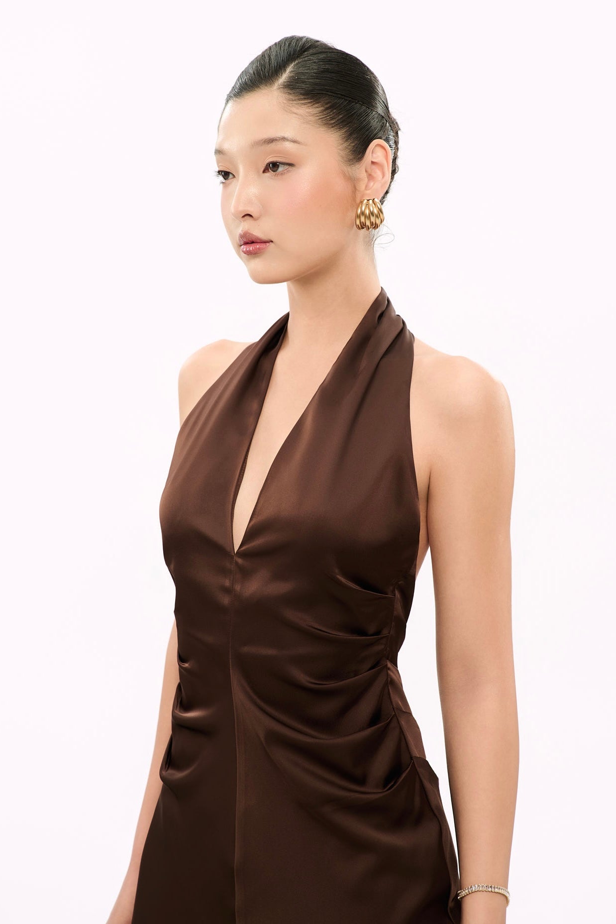 MARGARET V-NECK SATIN GOWN - BROWN
