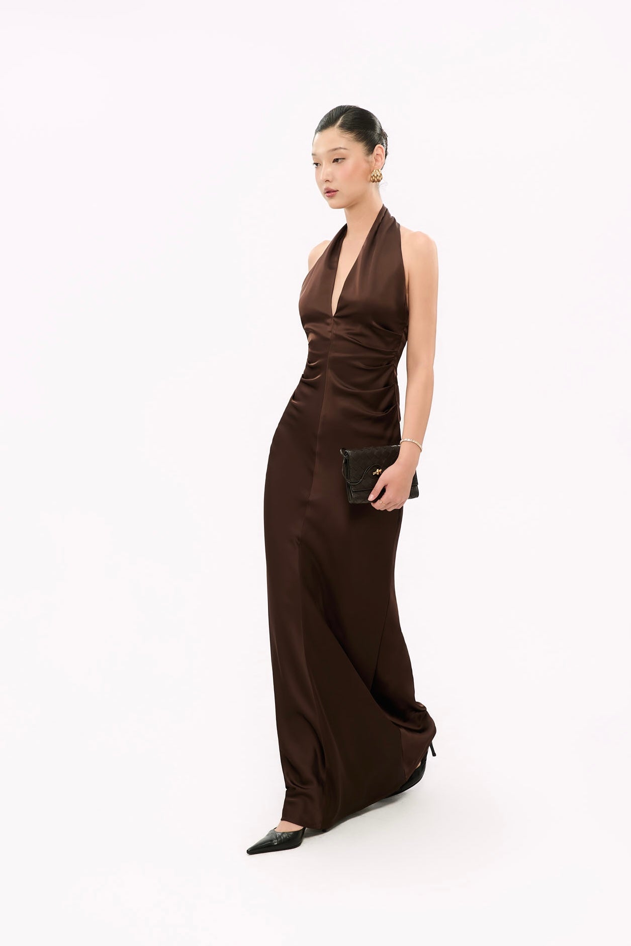 MARGARET V-NECK SATIN GOWN - BROWN
